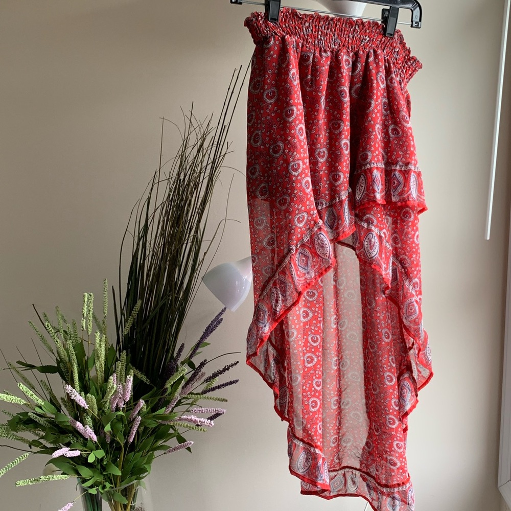 hi low chiffon red printed ruffle skirt // layered